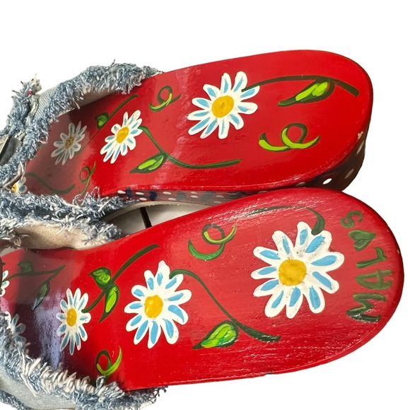RARE Dr. Scholl’s Handpainted Mallys Denim Wooden Sole Slip-in Sandals - Picture 5 of 8